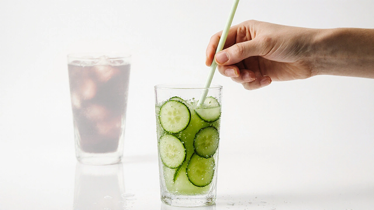 Slámka v šťávě z celeru a okurky, symbol čistoty a ochrany zubů.