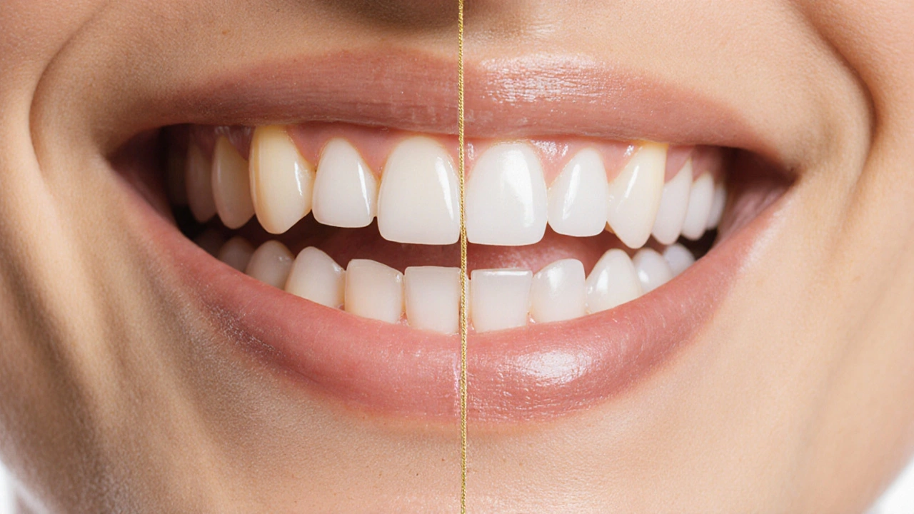 Split smile showing natural teeth on one side and porcelain veneers on the other.