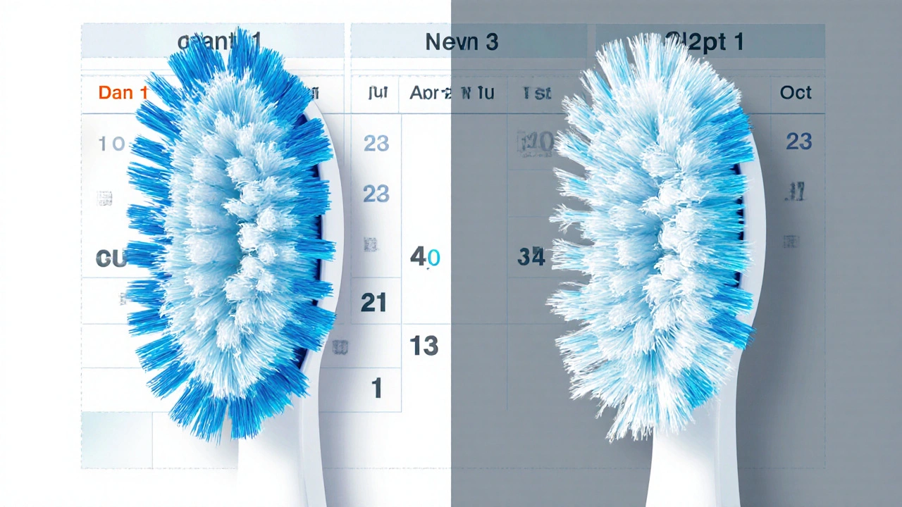 Srovnání nové a opotřebované hlavice elektrického kartáčku s rozloženými štětinami.