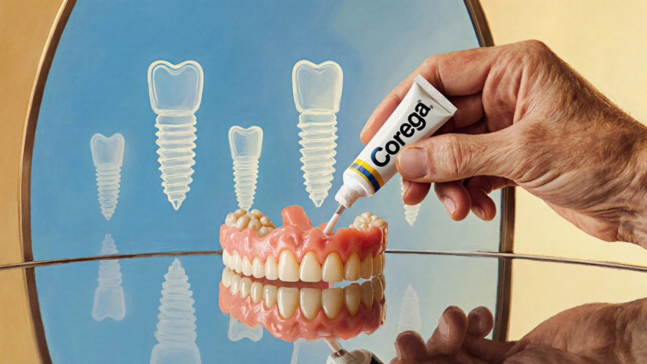 Stará protéza a Corega vedle odrazu implantátů ve zrcadle.