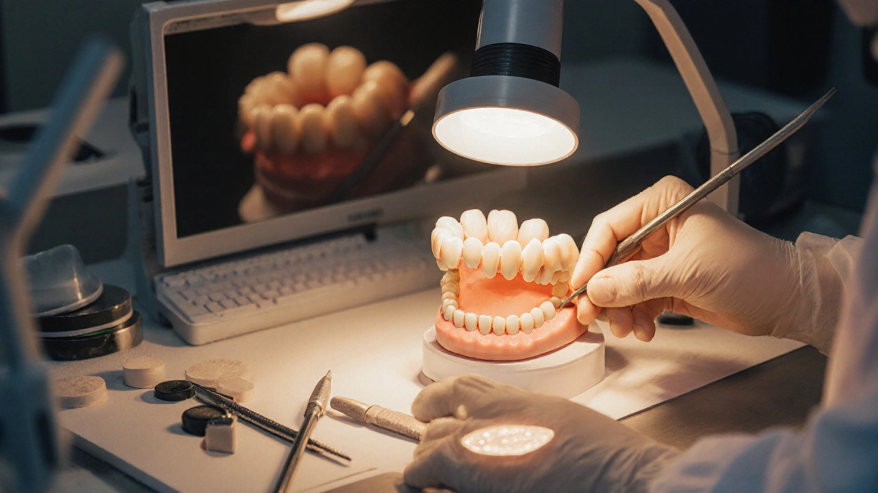 Technician crafting ceramic veneers in a dental lab with precision tools and glowing ceramic materials.