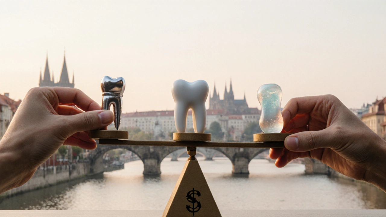 Three dental materials on a scale weighed against cost, durability, and appearance.