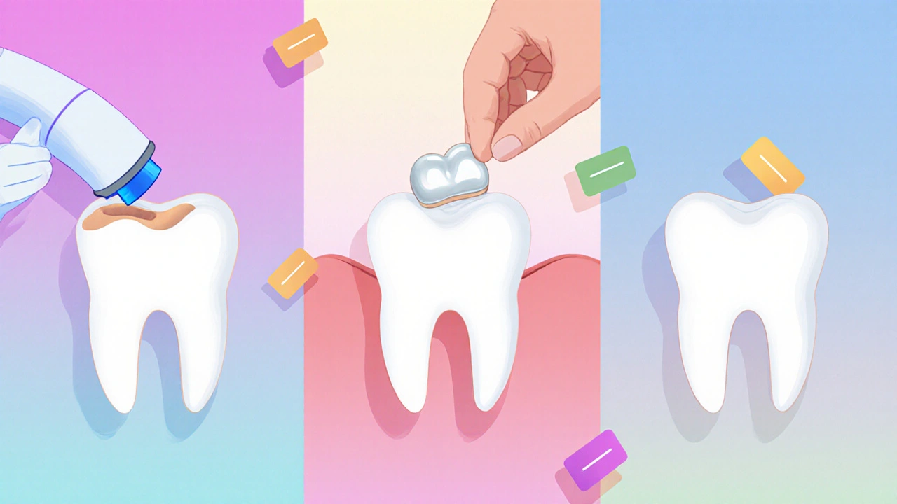 Three dental treatments illustrated side by side: composite filling, ceramic laminate, and full crown.