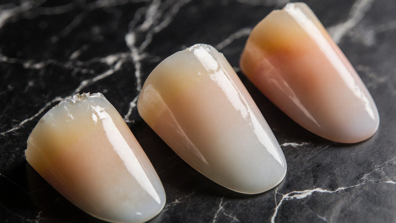 Tři kompozitní fazety na kameni: nízká, střední a vysoká kvalita s různým vzhledem.