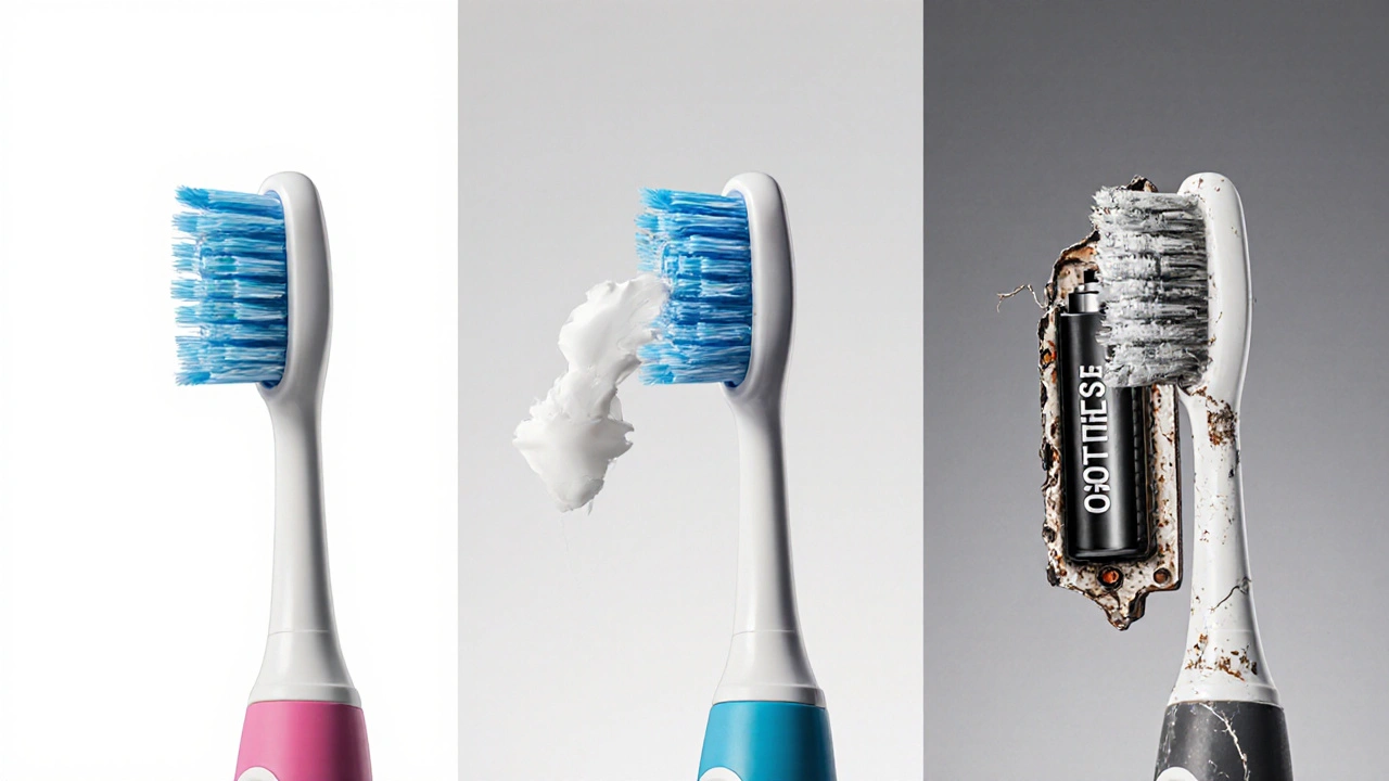 Tři stádia životnosti sonického kartáčku: nový, opotřebovaný a poškozený