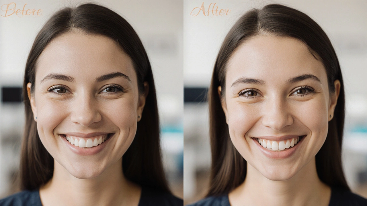 Woman smiling with transformed teeth: before (natural) and after (ceramic veneers) side by side.