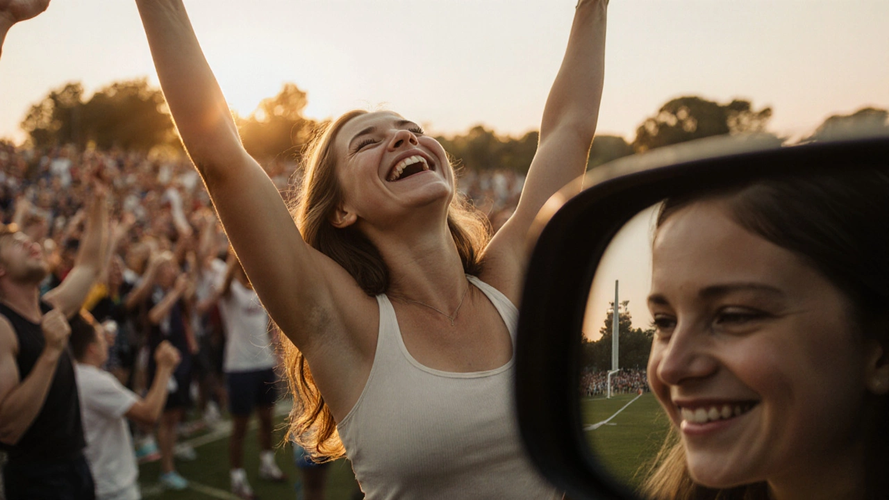 Žena se směje na fotbalovém zápase při západu slunce, její tvář vyzařuje svobodu a radost, za ní se rozprostírá osvětlená kampaň.