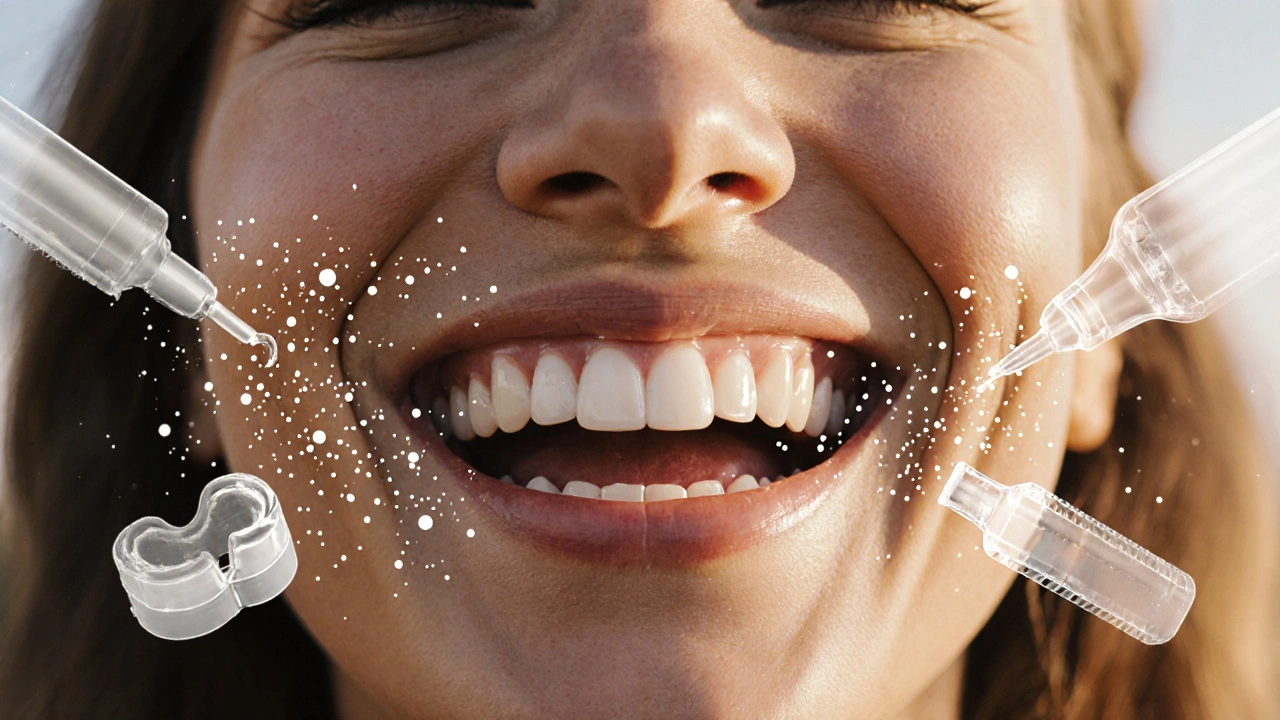 Žena se směje na slunci s dokonalým úsměvem obnoveným fazetami.