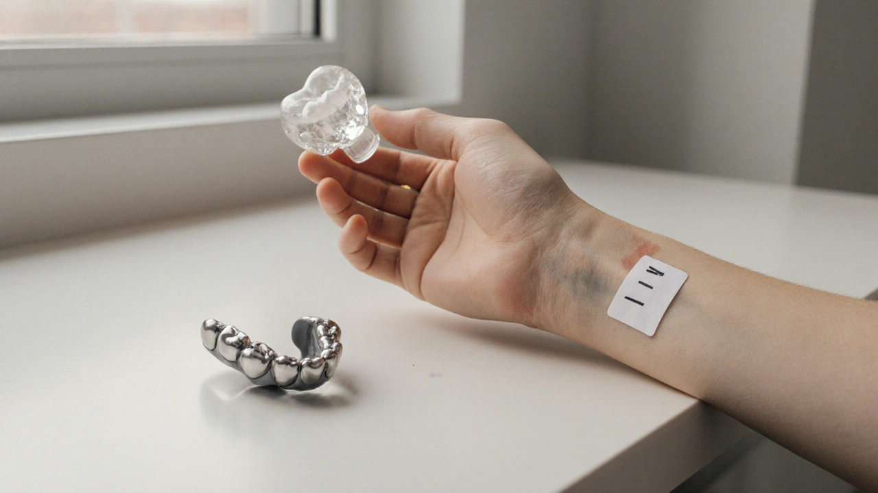 Zirkoniová korunka vedle odstraněné kovové náhrady a patch testem