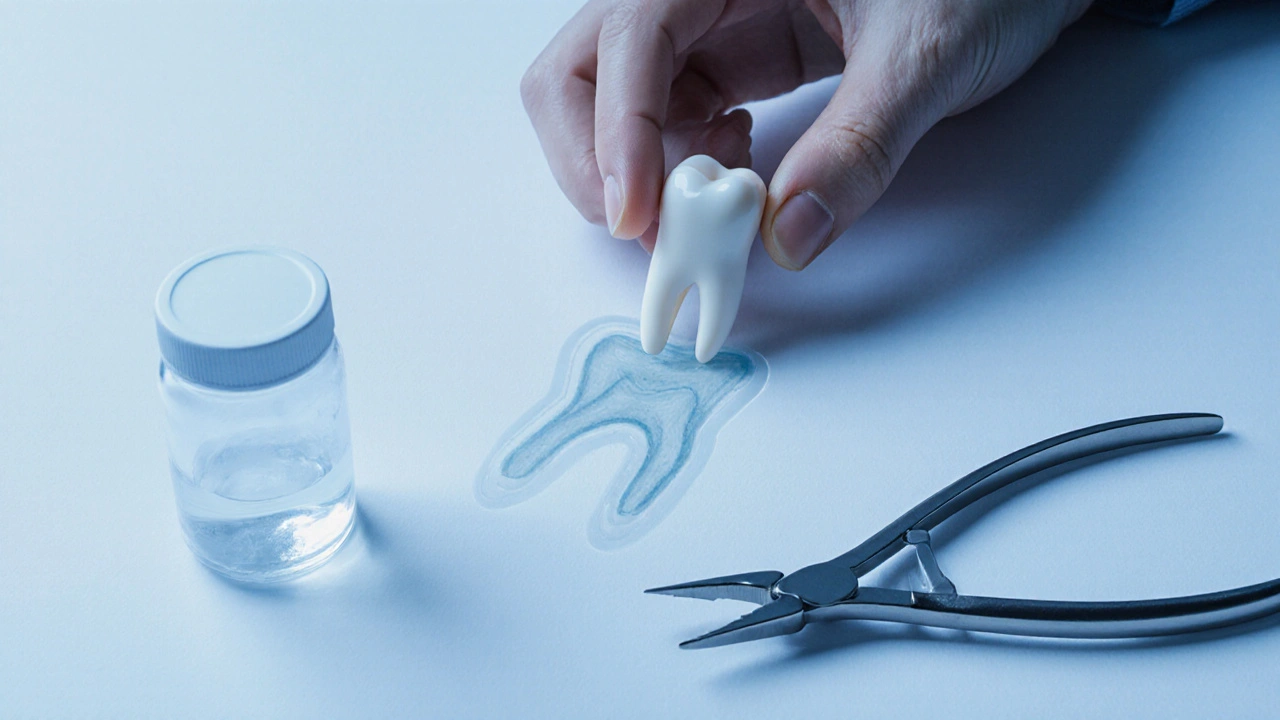 Zub na bílém pozadí vedle léků a zubních kleští, symbolická reprezentace léčby.