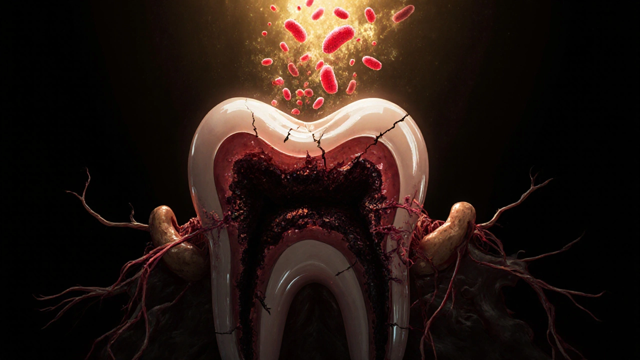 Zub s infekcí šířící se kořenem do kosti a nosních dutin, vizuální znázornění bakterií.