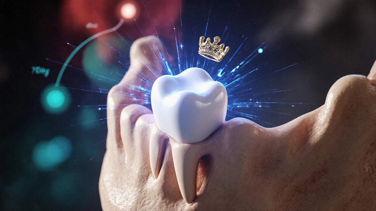 Zub v čelisti s výraznými světelnými proužky symbolizujícími hojení.