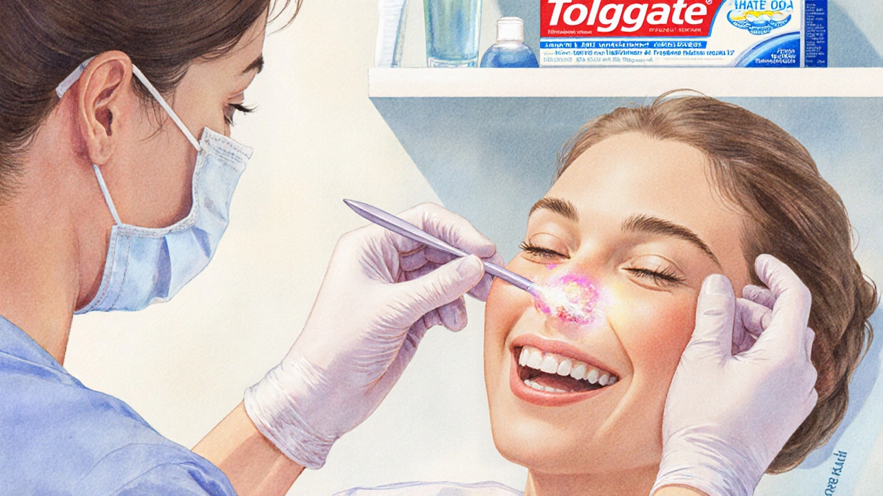 Zubař aplikuje fluoridový lak na citlivý zub v klinice s měkkým osvětlením a měkkým štětcem na pozadí.