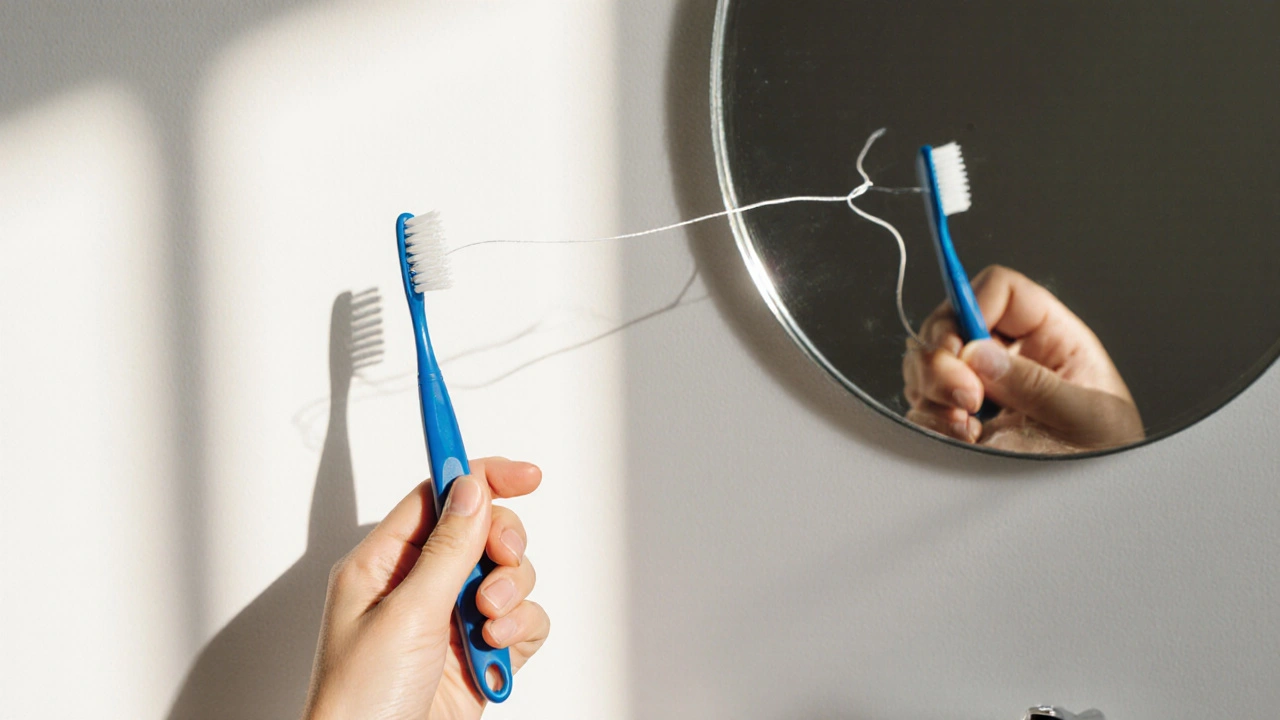 Zubní kartáček a nit s odrazem bílé skvrny v zrcadle, symbolizující prevenci.