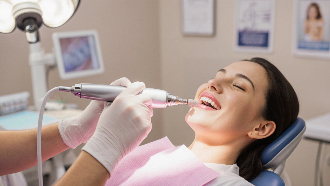 Zubní lékař odstraňuje zubní kámen pod dásní pomocí ultrazvukového nástroje.