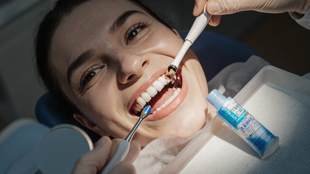 Zubní lékař prohlíží odhalené krčky zubů s přístroji v klinice.