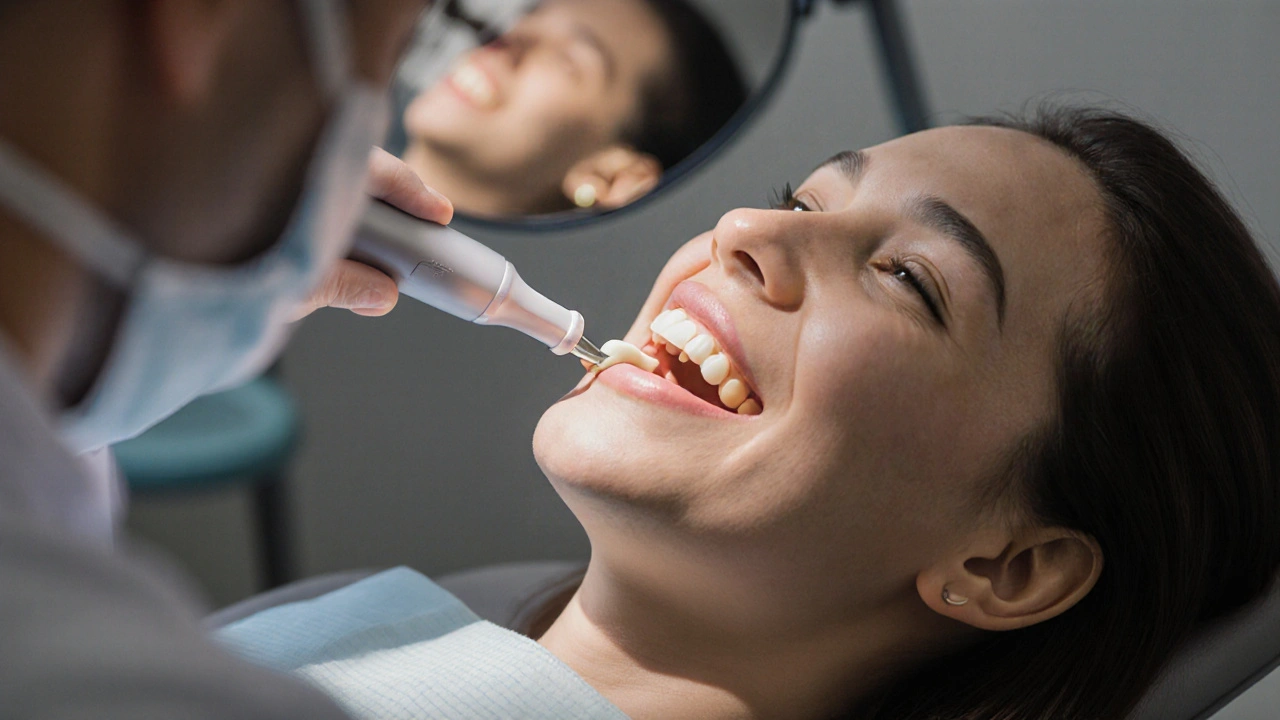 Zubní lékař provádí profesionální čištění keramických zubů.