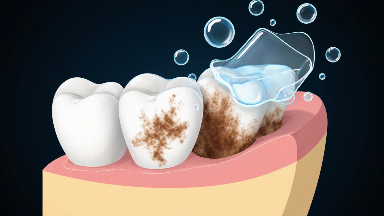 Zubní sklovina s chemickým rozkladem skvrn od kávy a vína pomocí bělicího gelu.