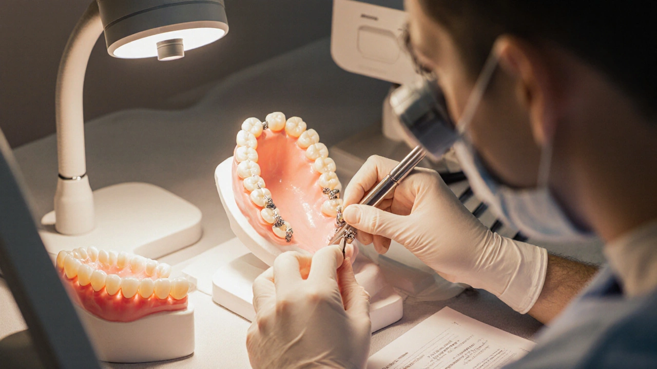 Zubní technik upravuje kovové klíče zubní protézy na modelu čelisti.