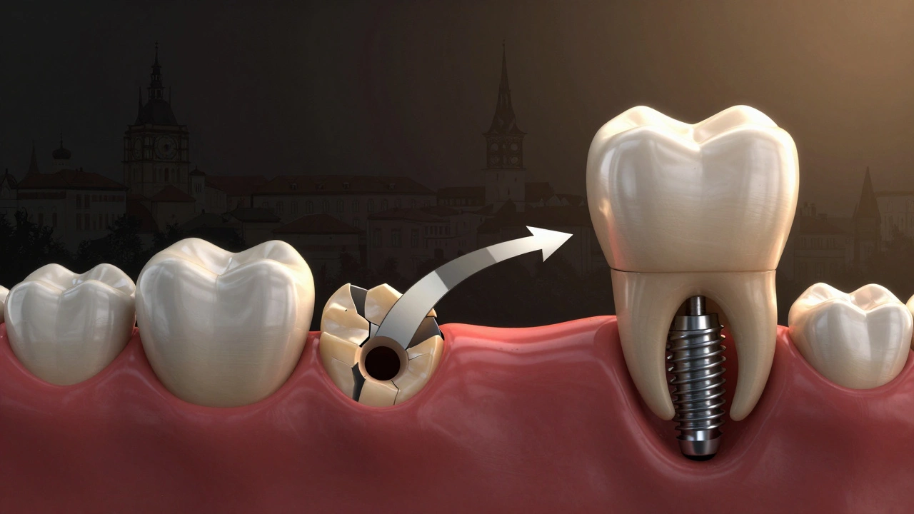 A decayed tooth evolving into a crown and implant, symbolizing delayed vs early care.