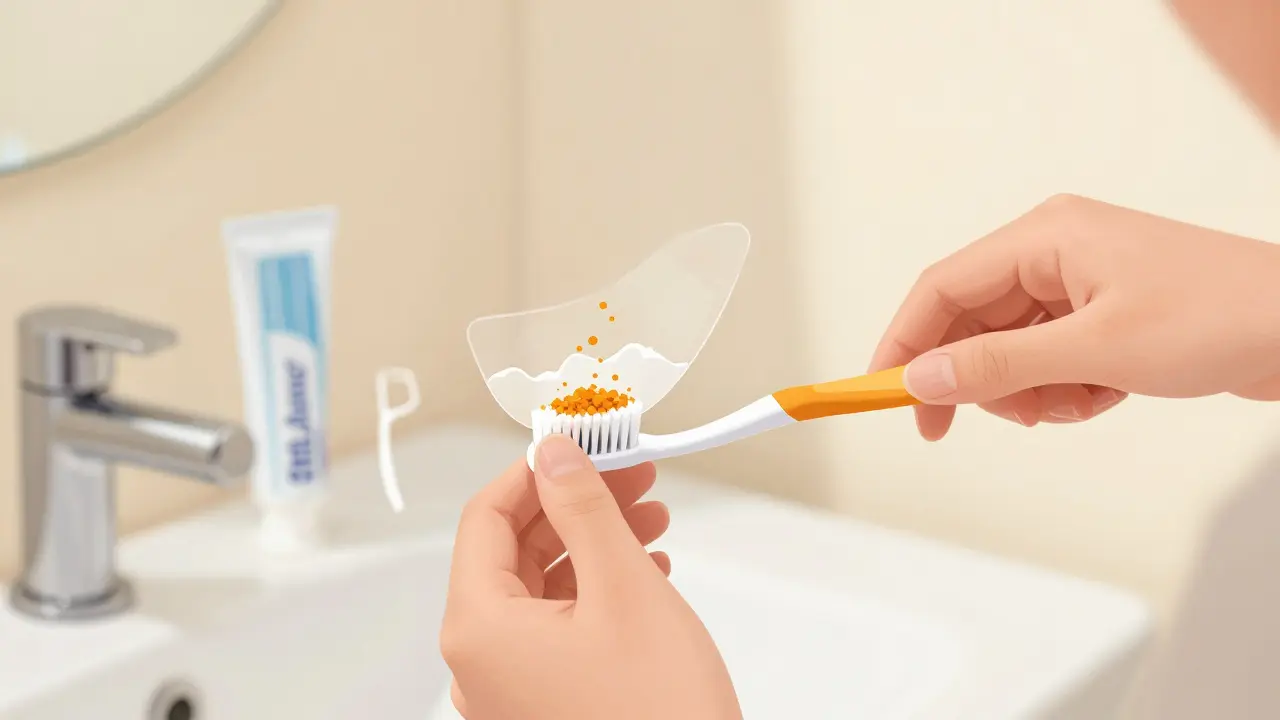 Člověk čistí zuby měkkým kartáčkem s fluoridovou pastou