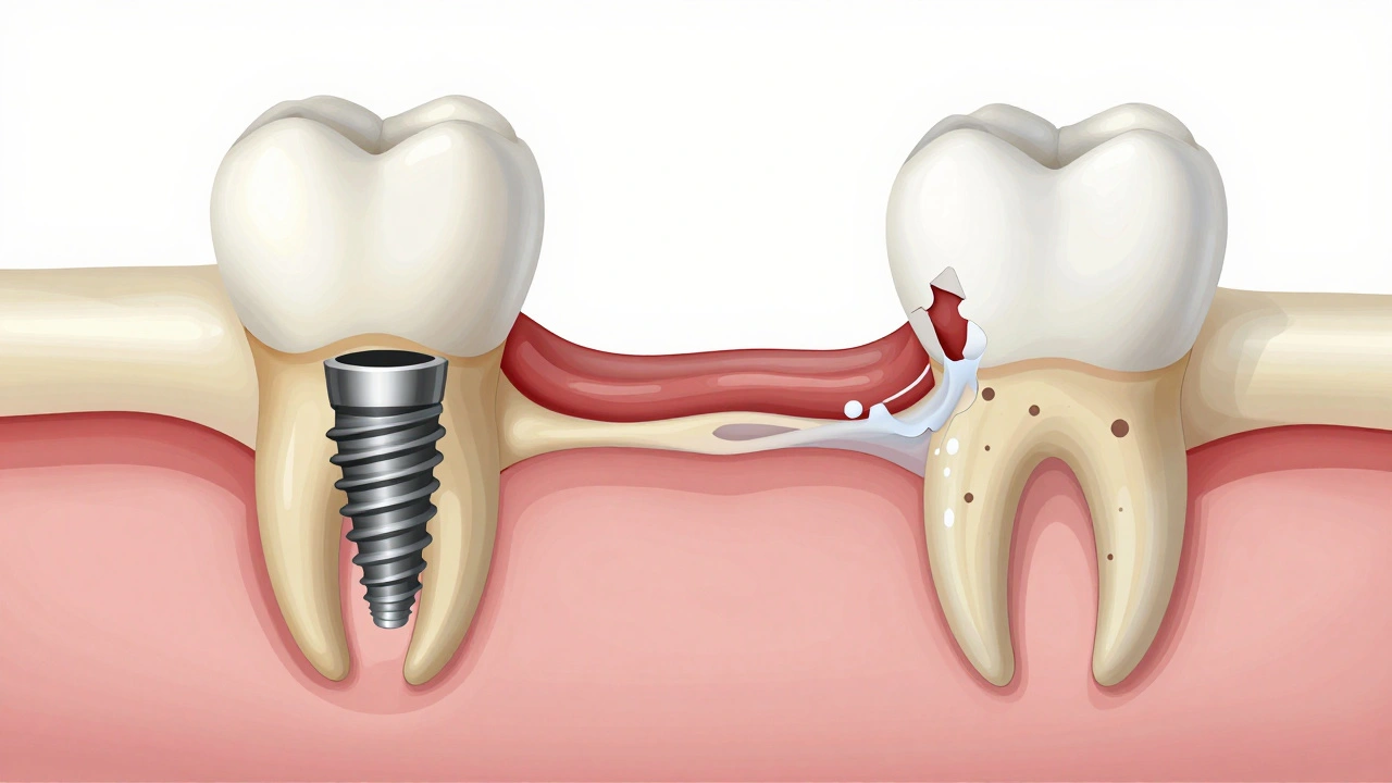 Cross-section of jawbone showing bone loss over time after tooth extraction.