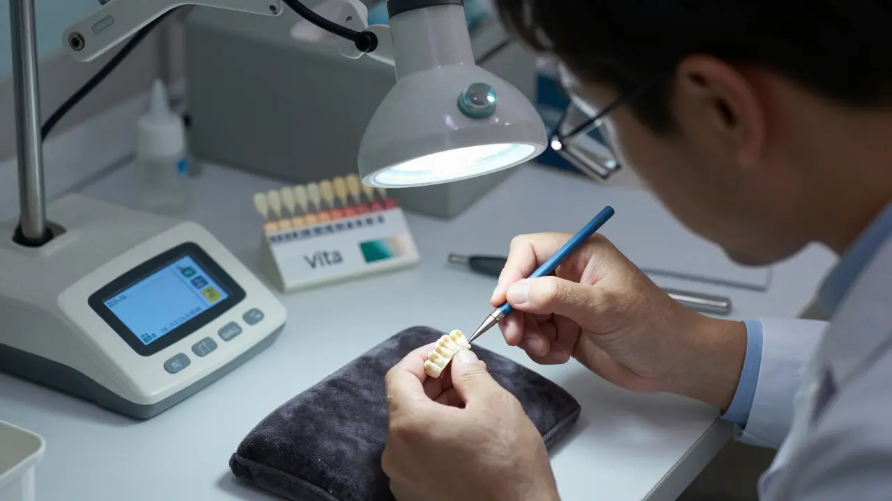 Dentální laborant ručně maluje keramickou korunku pod lupou, vedle ní barvové vzorky a digitální skener.