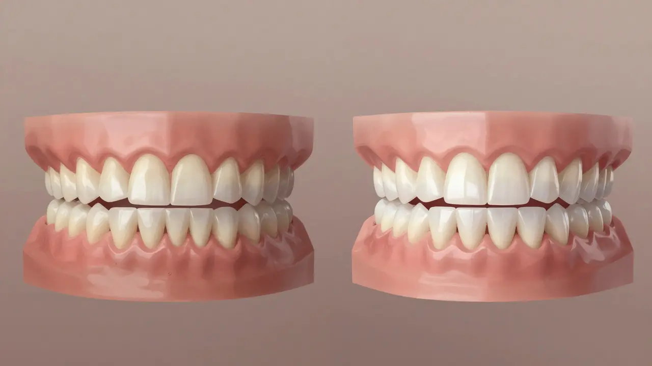 Dva modely zubů: jedny s vadami, druhé s přirozeně vypadajícími keramickými veneery.