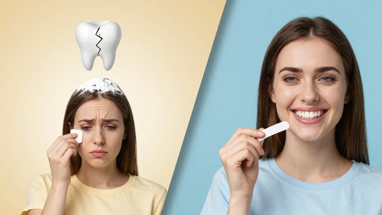 Dvě cesty: jedna s rizikem poškození zubů, druhá s bezpečným bělením u zubaře.