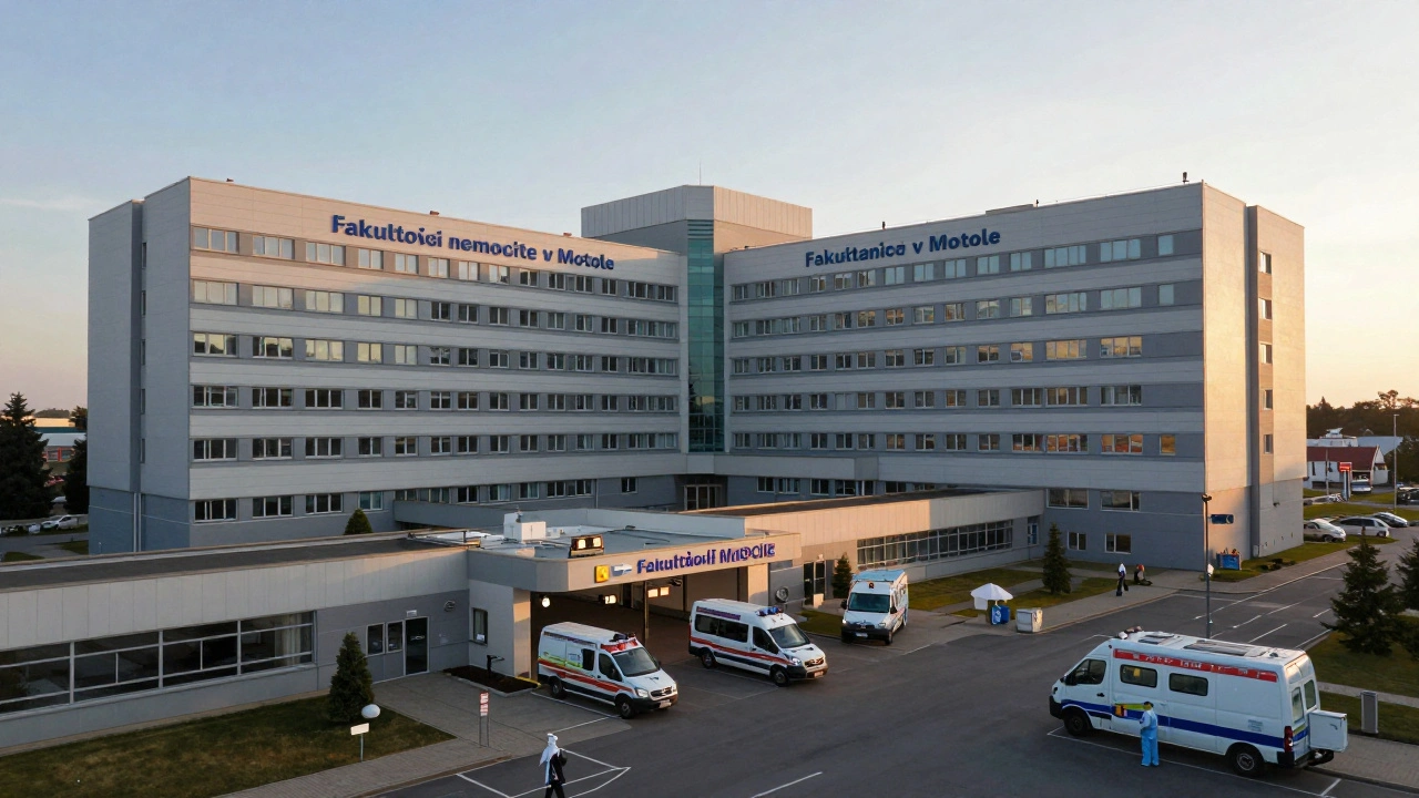 Fakultní nemocnice v Motole hospital complex at sunrise with ambulances arriving.