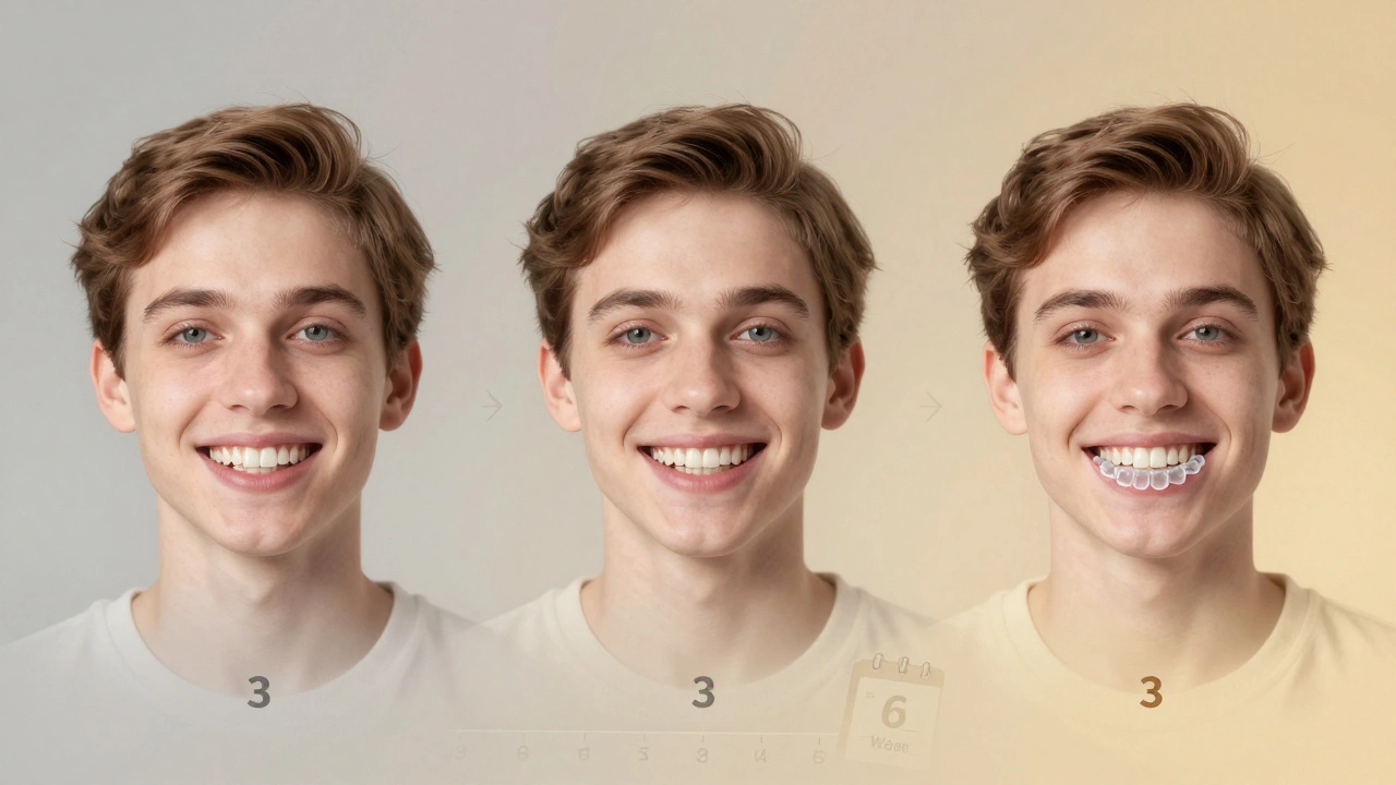 Grafická představa postupného vyrovnání zubů během léčby.