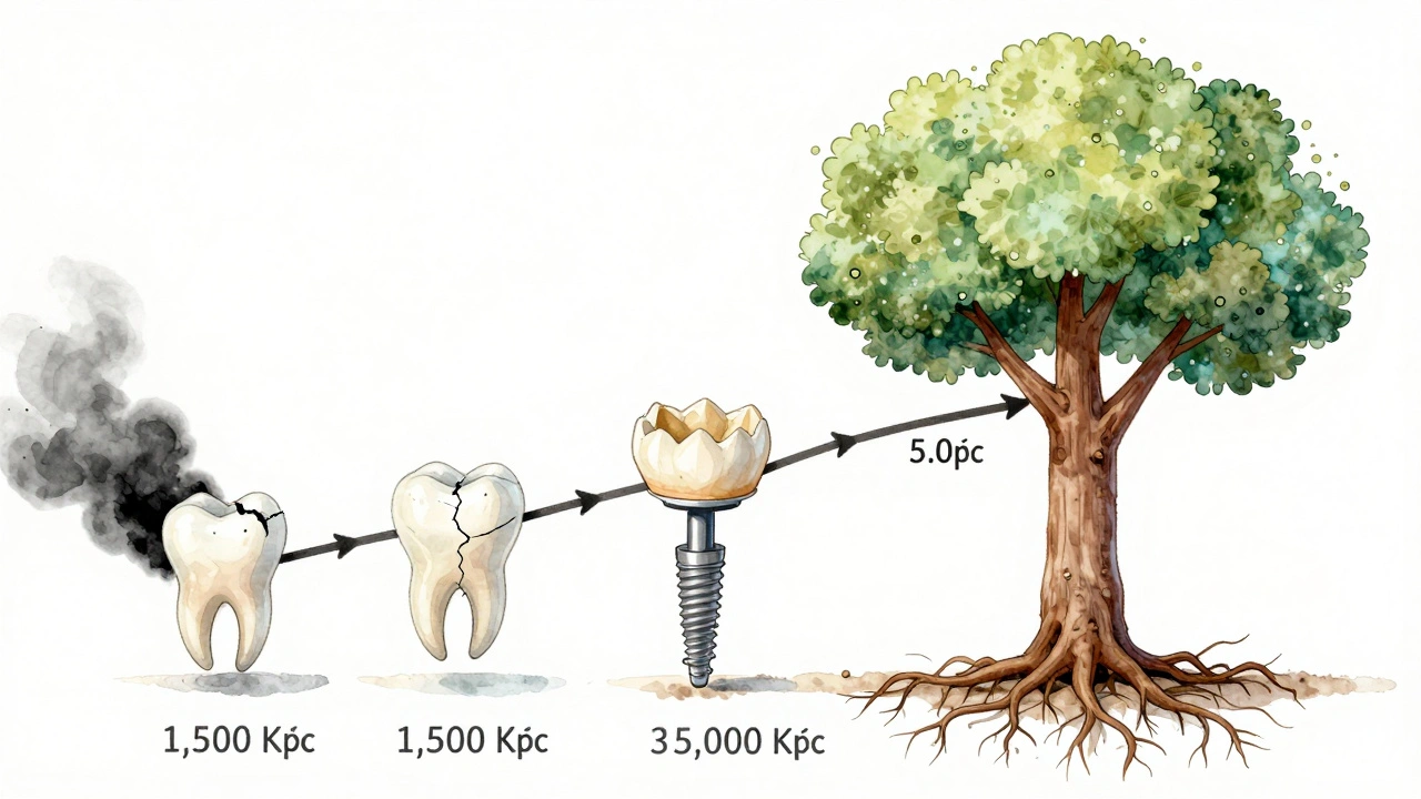 Koncepční obrázek ukazuje vývoj nákladů na opravu zubu od malého poškození až po implantát.