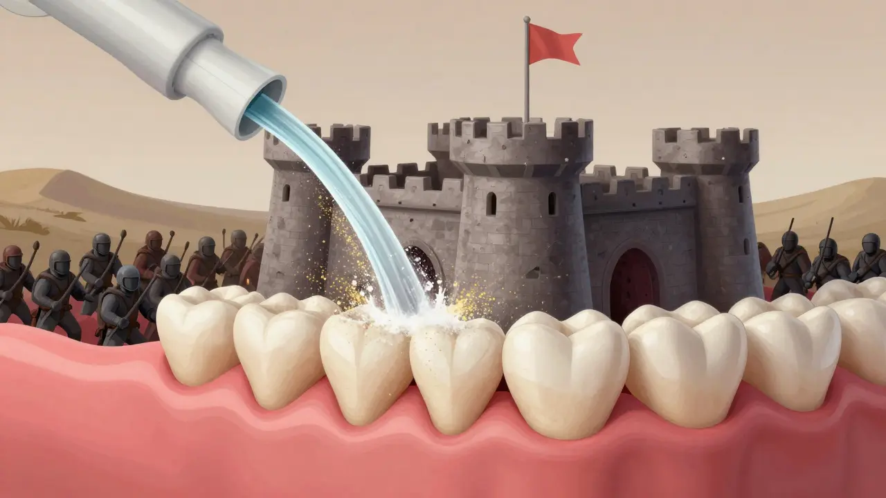 Koncepční obrázek zubu jako hradu, kde jemný proud prášku odstraňuje zubní kámen.