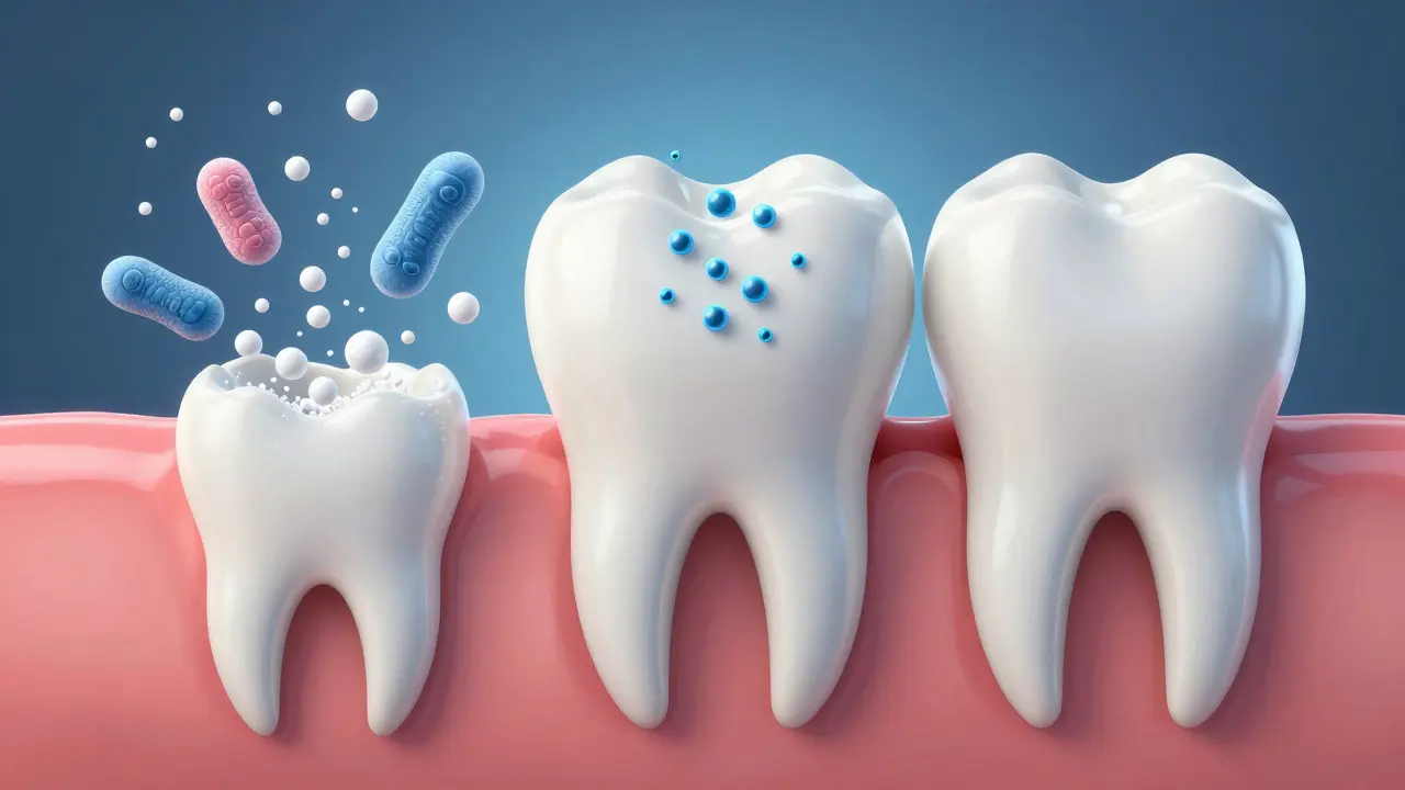 Koncepční znázornění obnovy skloviny zubu pomocí fluoridu po útoku kyseliny.