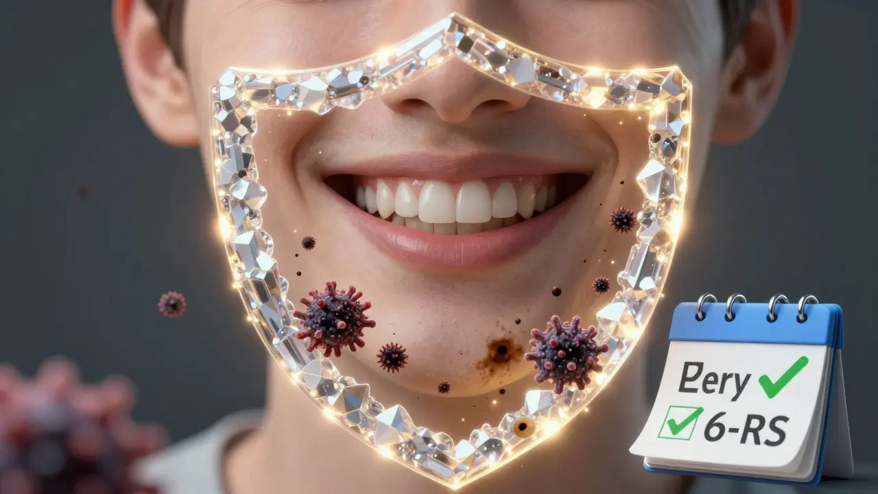 Konceptuální obraz chráněného úsměvu odolávajícího bakteriím a skvrnám pomocí hydroxyapatitu.