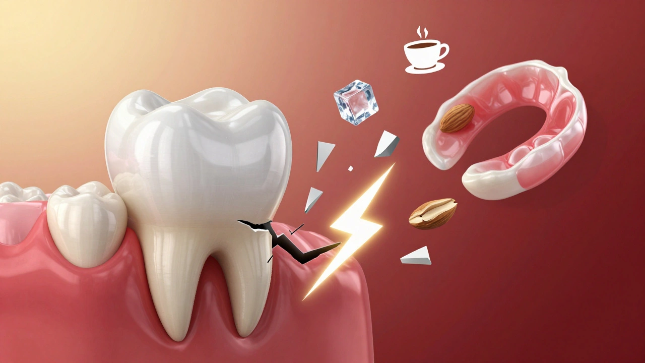 Konceptuální obrázek zubu rozděleného mezi ochranou korunkou a rozpadem způsobeným stravou a brněním.