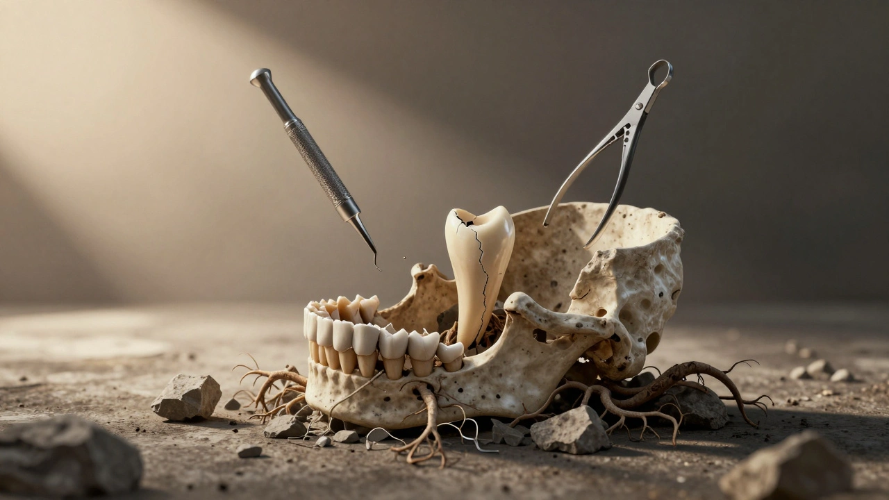 Kostěná čelist s nevyrůstajícími zuby moudrosti jako archeologickými pozůstatky, doprovázená moderními zubními nástroji.