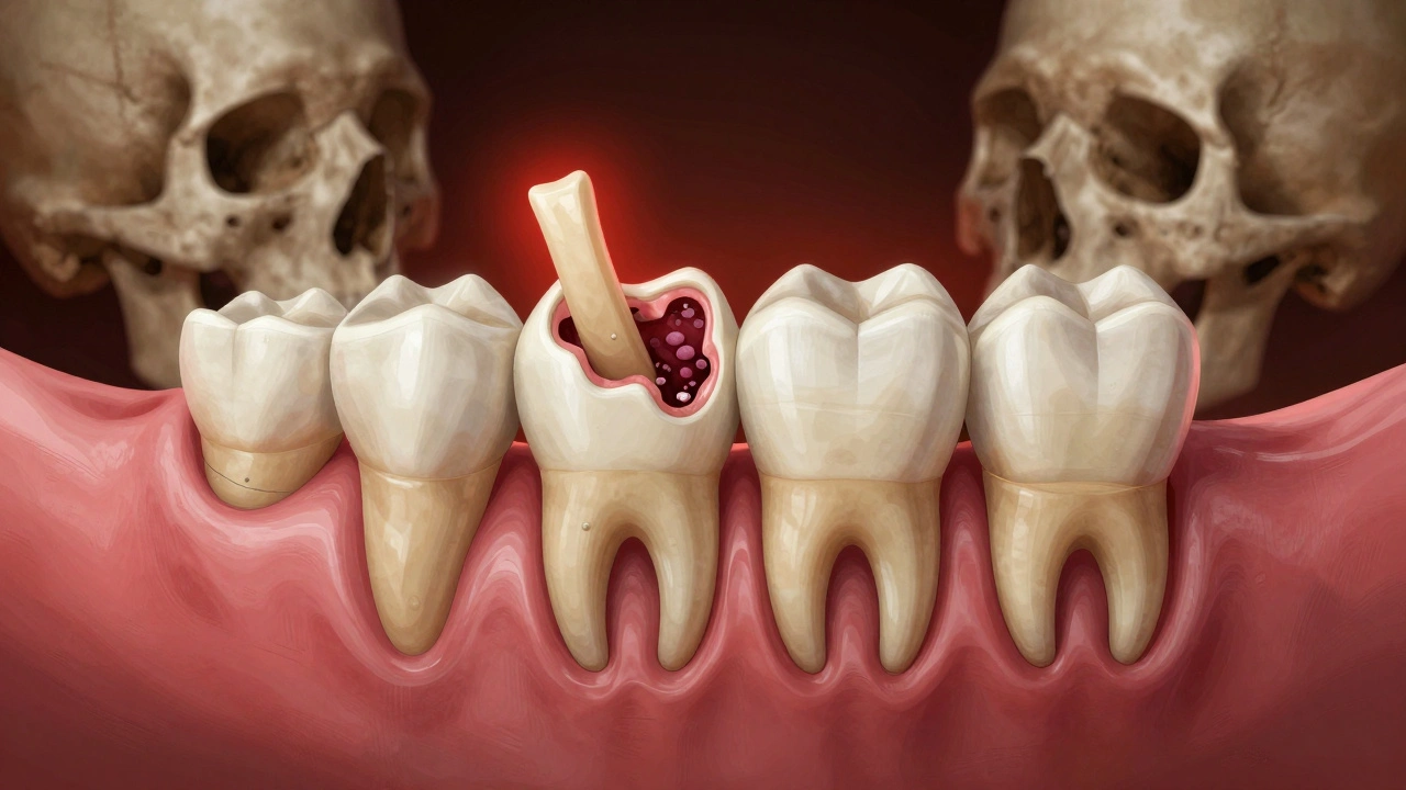 Kresba čelisti s třemi zuby moudrosti, které tlačí do sousedního zubu, s viditelným zánětem dásní a bakteriemi.