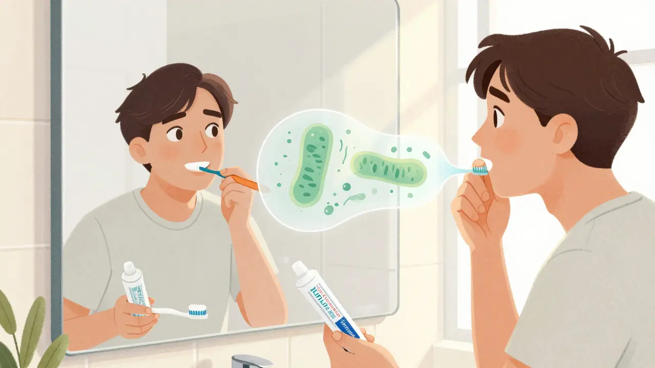 Osoba čistí zuby fluoridovou pastou, zvažuje své zubní návyky v zrcadle.