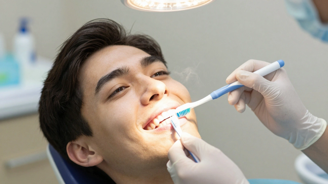 Pacient dostává fluoridový gel po broušení zubů v klinice.