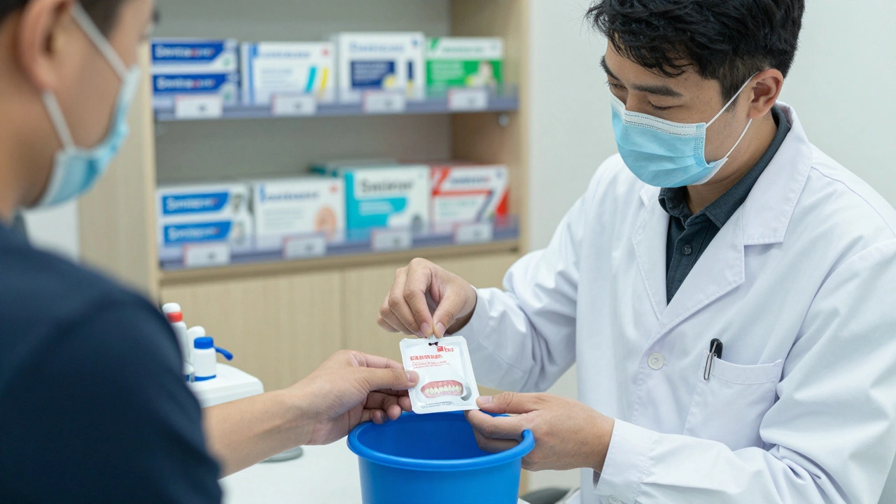 Pacientka předává levné nalepovací zuby zubnímu lékaři, který je odstraňuje do kontejneru.