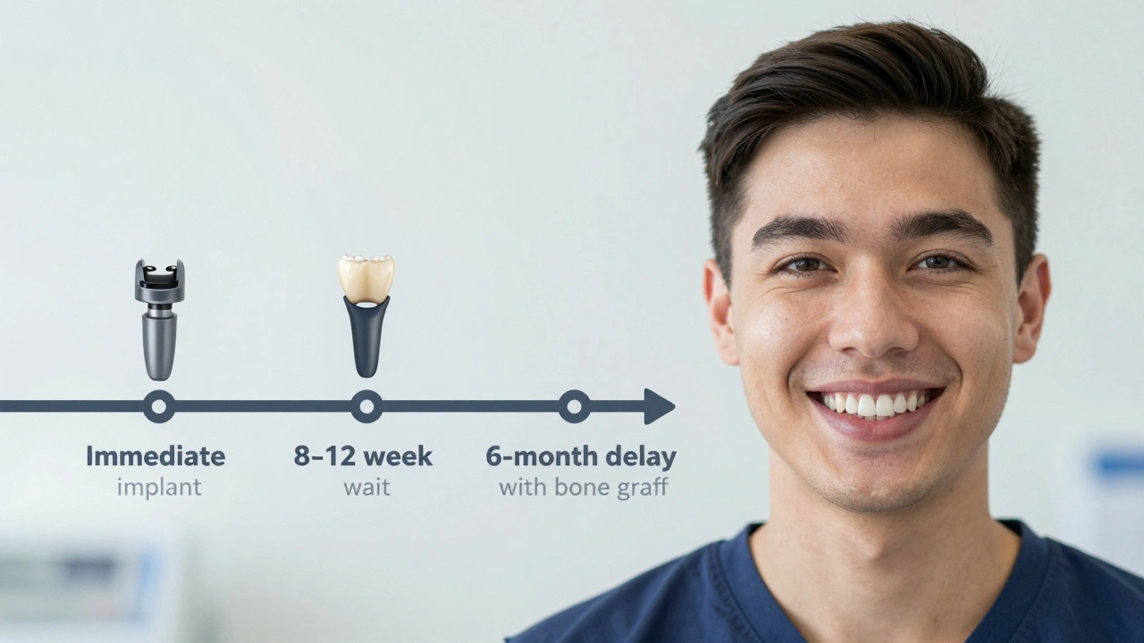 Patient smiling with temporary dental prosthesis while timeline shows treatment options.
