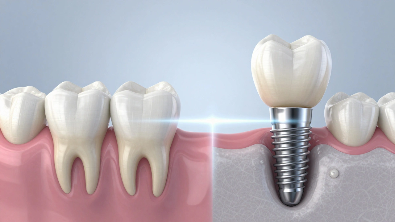 Porovnání zubního můstku a implantátu: jedna metoda poškozuje zuby, druhá je uchovává.