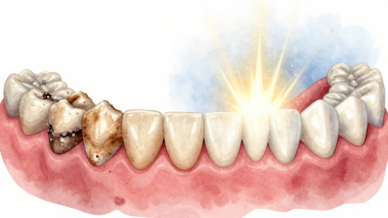 Porovnání zubů před a po pískování: špinavé a čisté zuby vedle sebe.