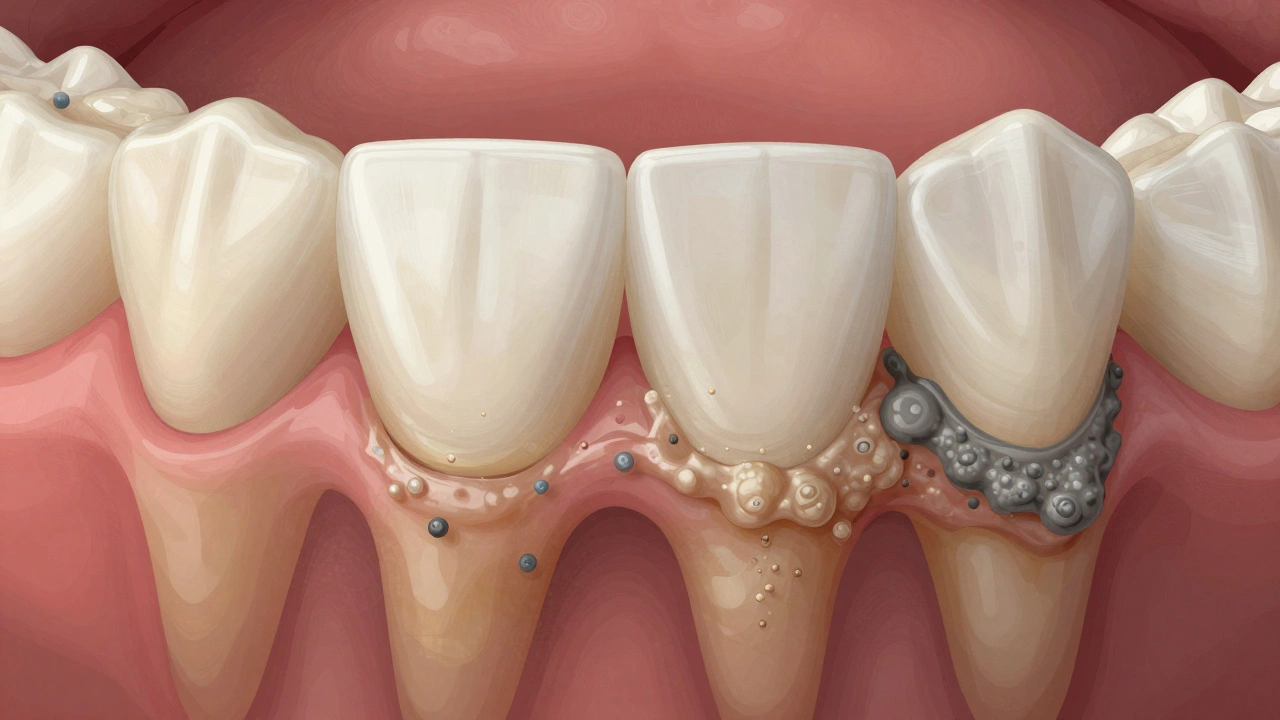 Přechod měkkého plaku na tvrdý zubní kámen na povrchu zubů.