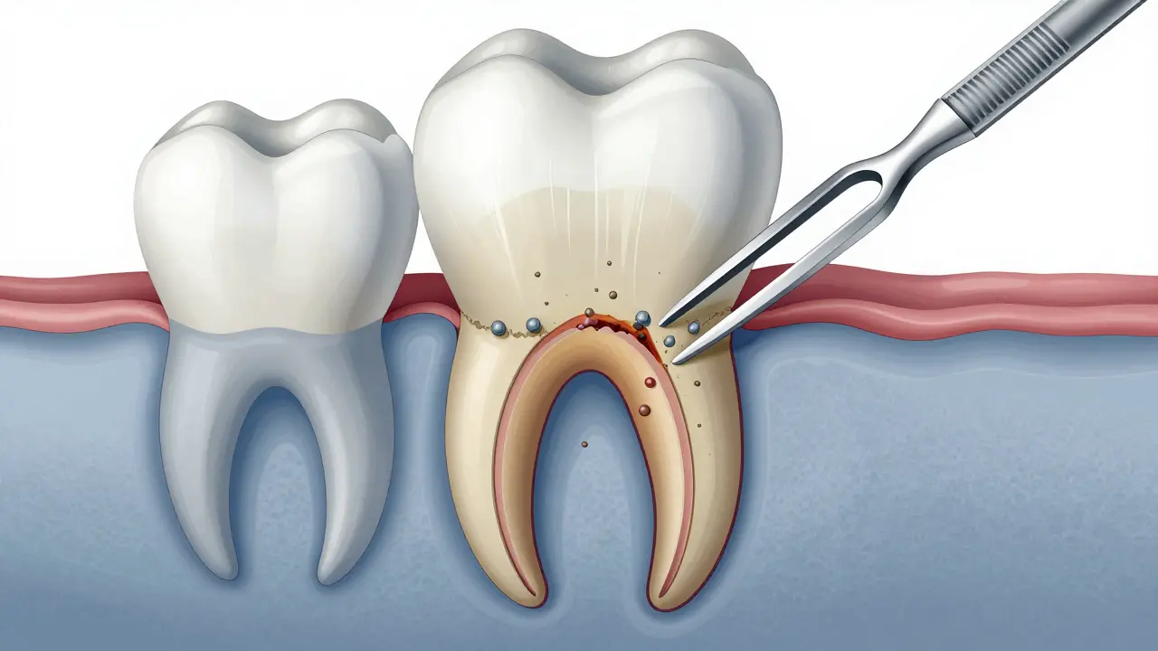 Příčný řez zubním kořenem s infikovanými kapslemi a ztrátou kosti, viditelné curetové nástroje.