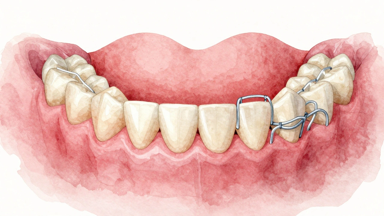 Přírodní zuby s keramickými fazetami podporují pevnou zubní náhradu, zatímco dásně zotavují.