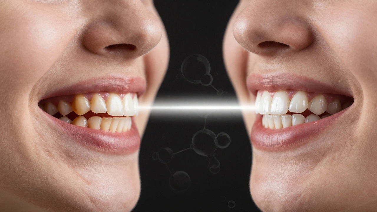 Rozdělený úsměv: levá strana žluté zuby, pravá strana bílé zuby, propojené bělicí páskou.