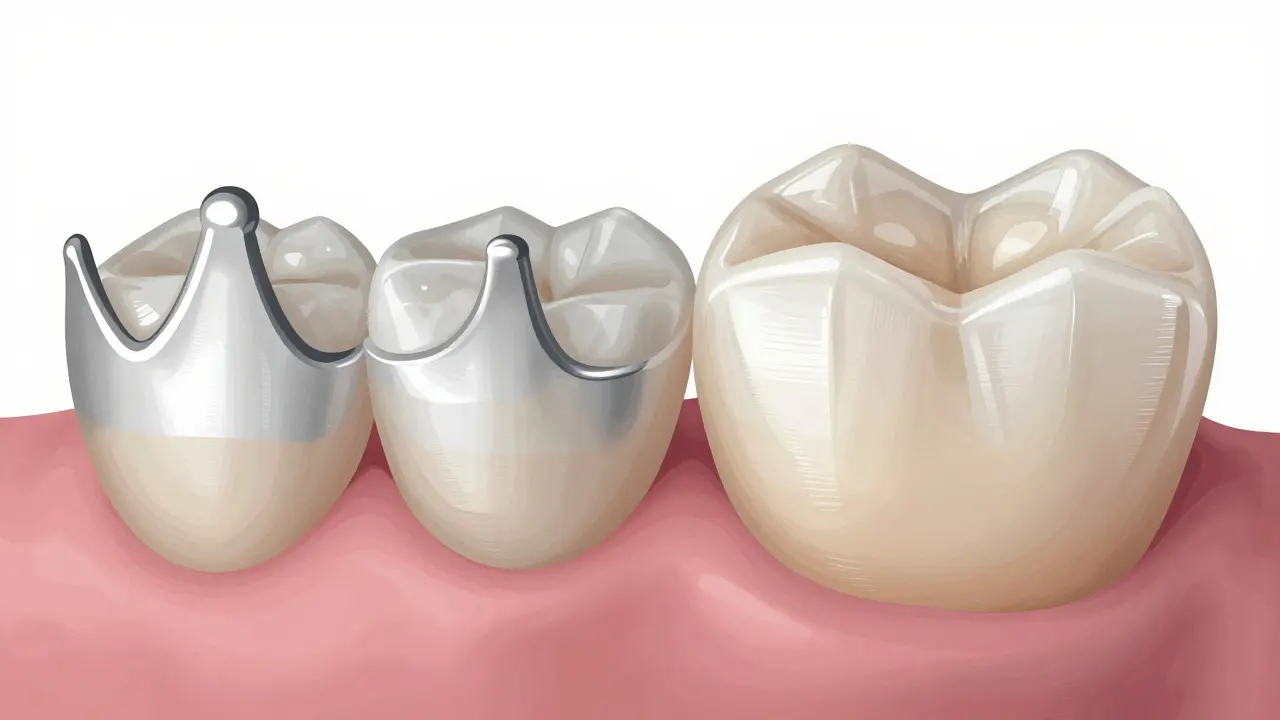 Side-by-side comparison of old metal crown with dark gum line and modern ceramic crown blending naturally.