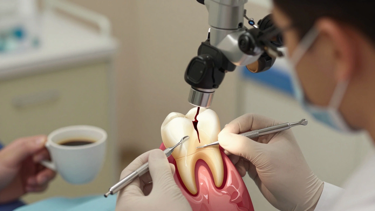 Stomatolog prohlíží prasklinu v zubu pomocí mikroskopu s transiluminací.